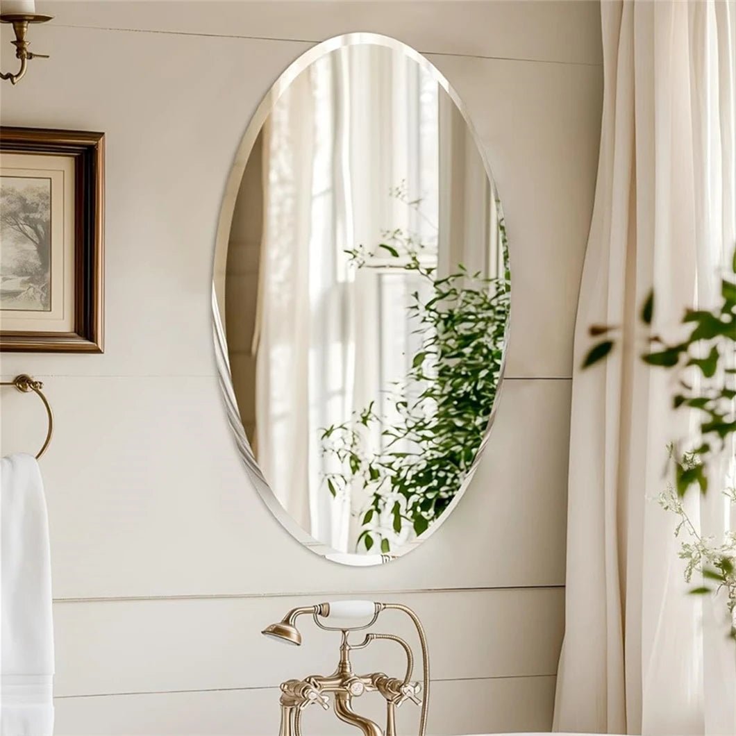 Oval Wall Mirror – Frameless Beveled HD Silver Vanity Design - Hurbane Home