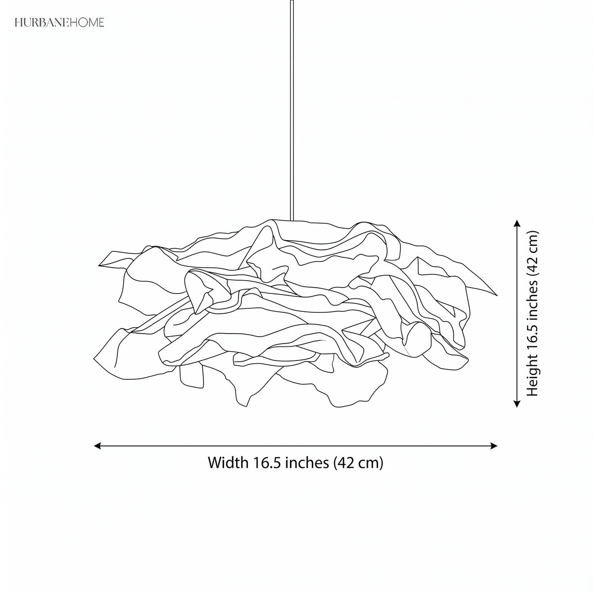 Line drawing of the paper pendant shade marked 16.5 inches wide and 16.5 inches high
