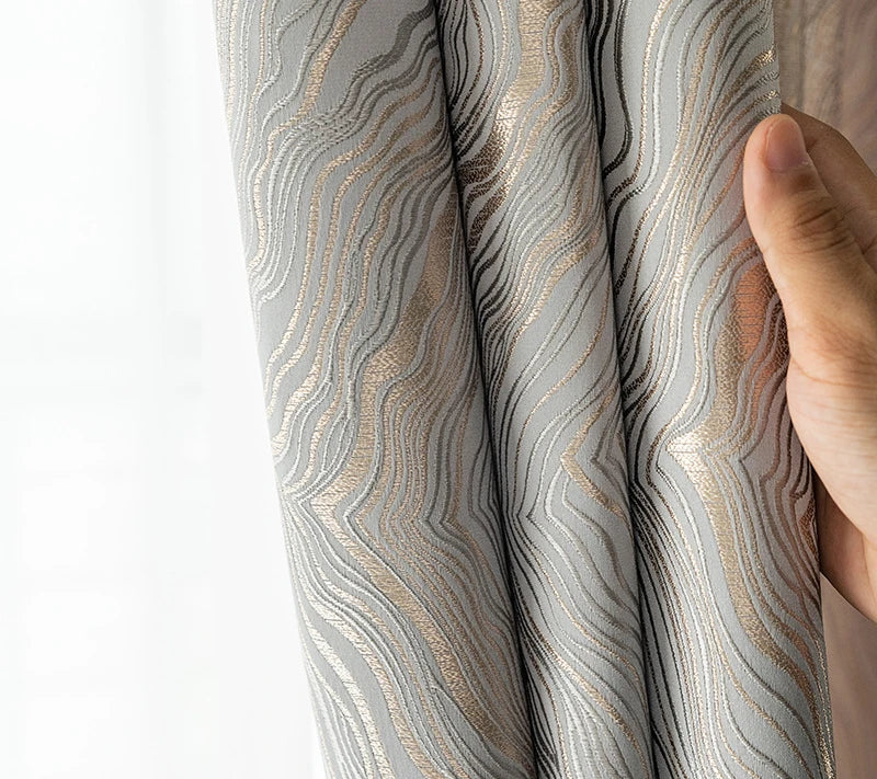 Patterned blackout curtains styled for elegant living room