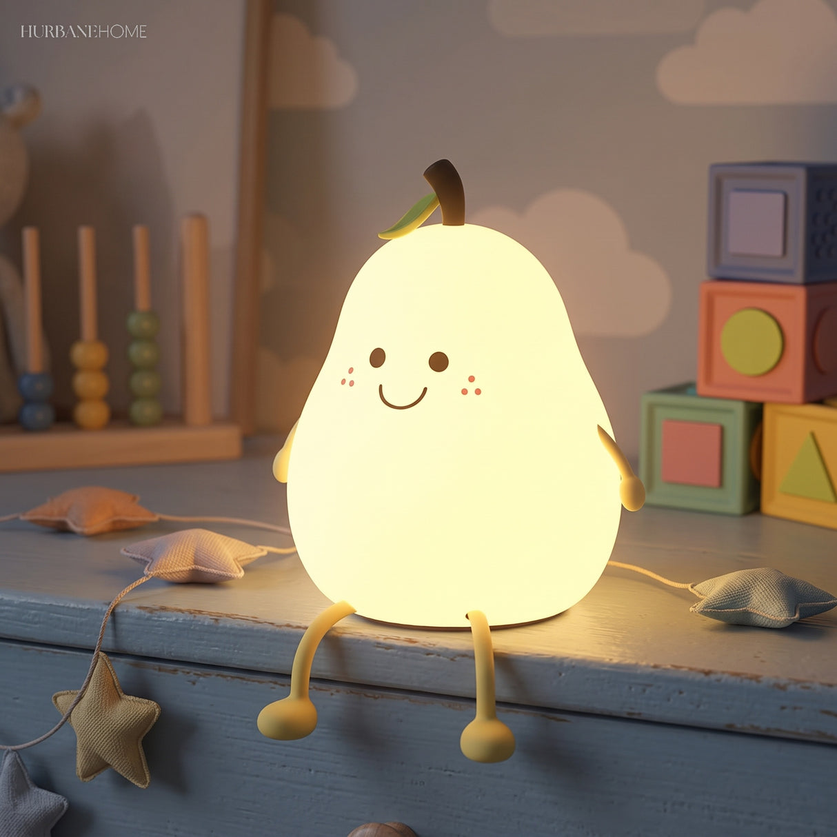 Smiling pear silicone night light glowing softly among wooden toys and stars