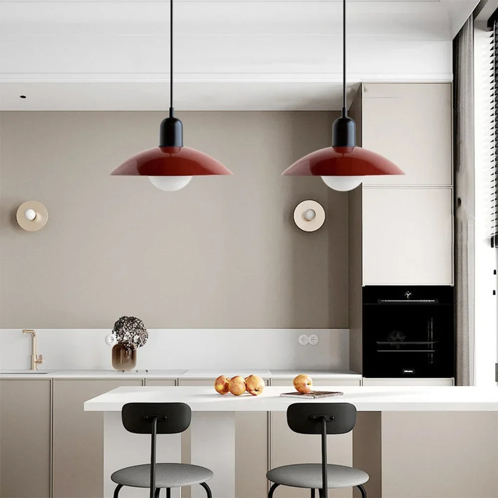 Close view of pendant light shade edge and warm glass globe light