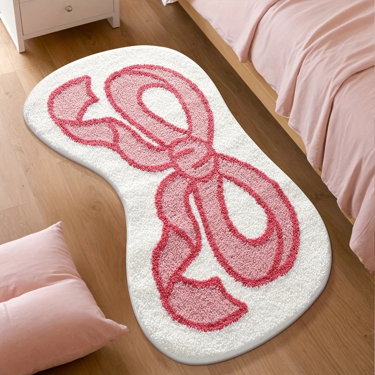 Pink fluffy bedroom rug featuring soft pile and non-slip backing