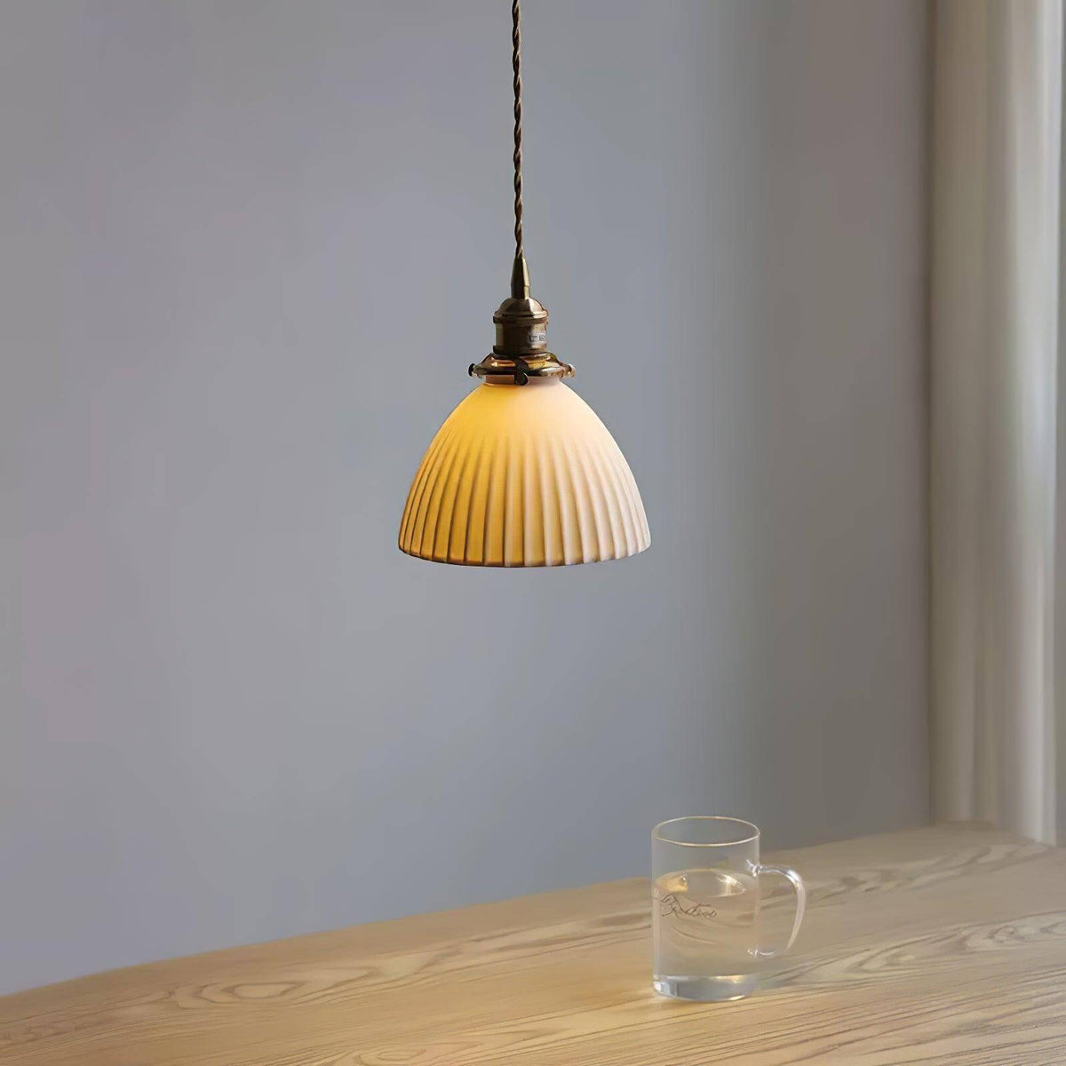 White pleated pendant shade, 6.7 inch diameter with brass holder, view 3