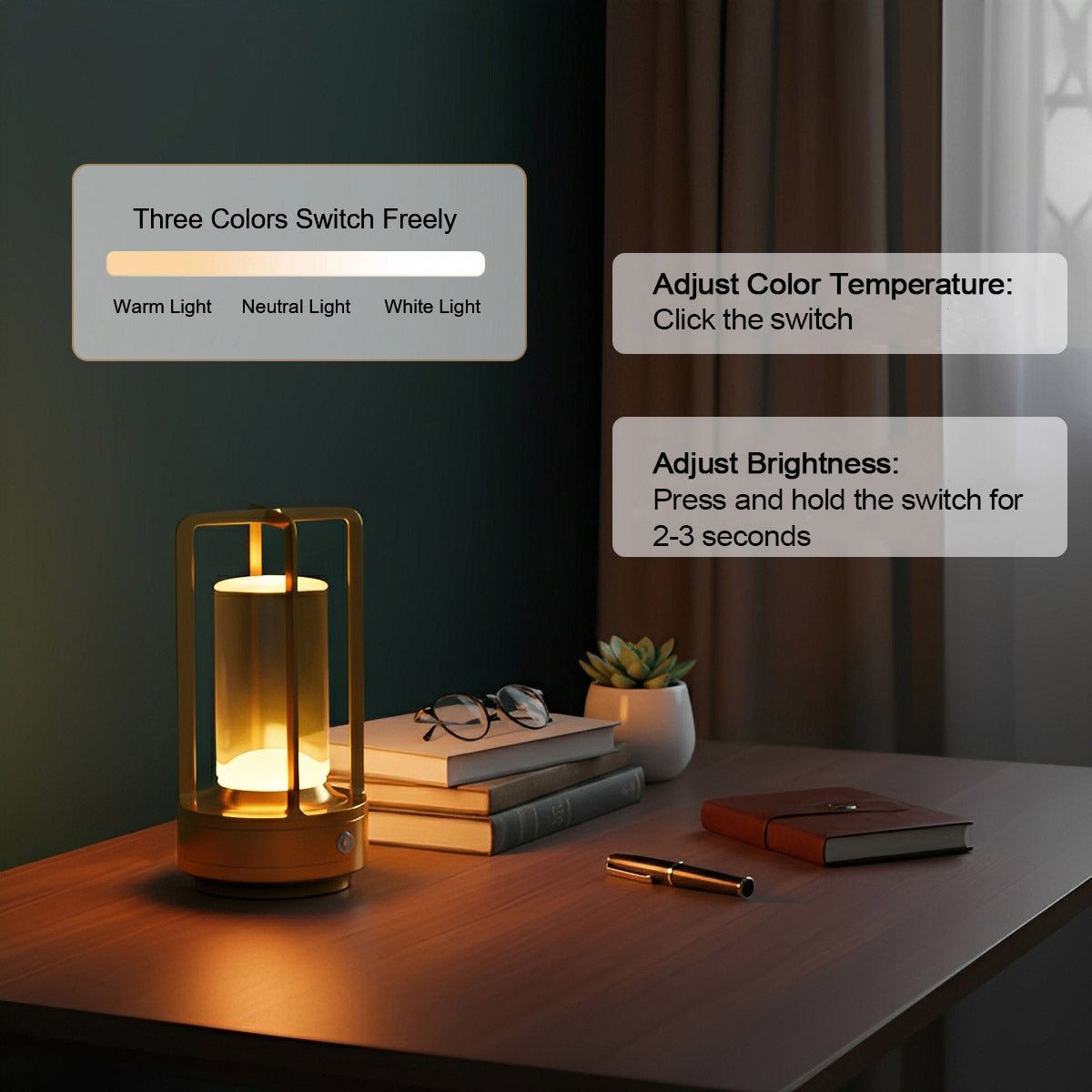 On screen guide showing three color modes and how to hold the switch to dim