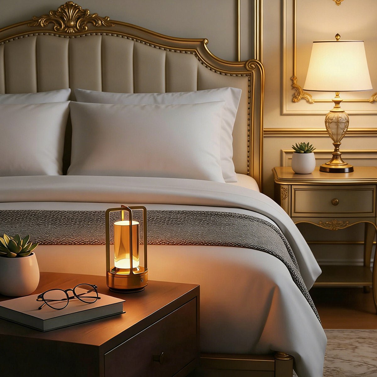 Gold rechargeable lamp on a nightstand in a cream and gold hotel bedroom