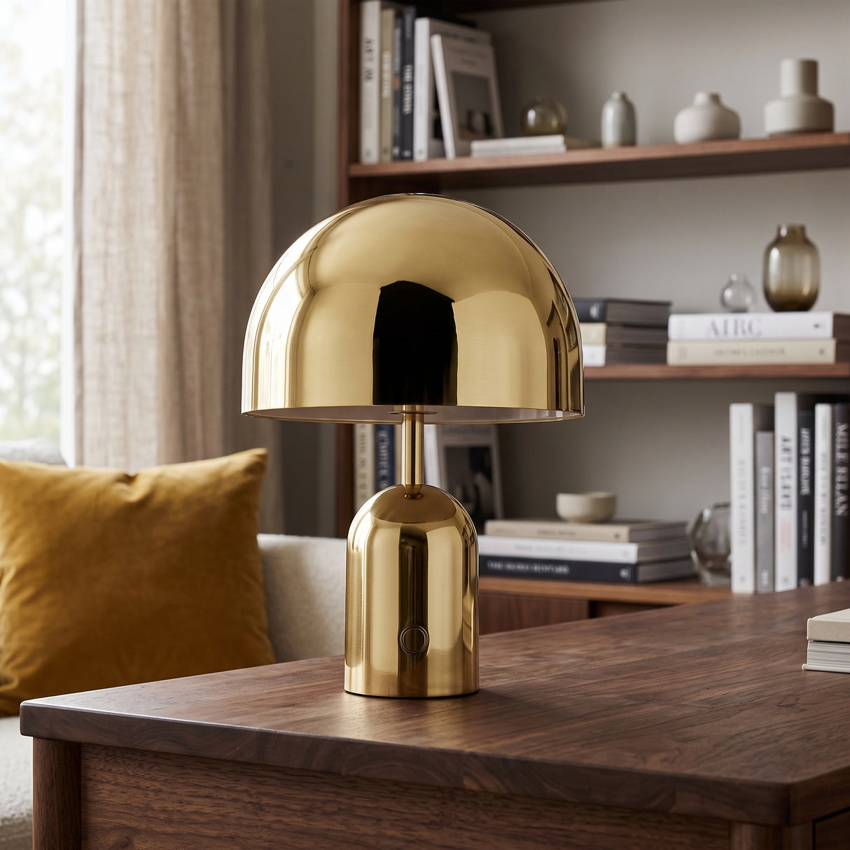 Gold gloss dome table lamp lit on a walnut table in front of a bookshelf