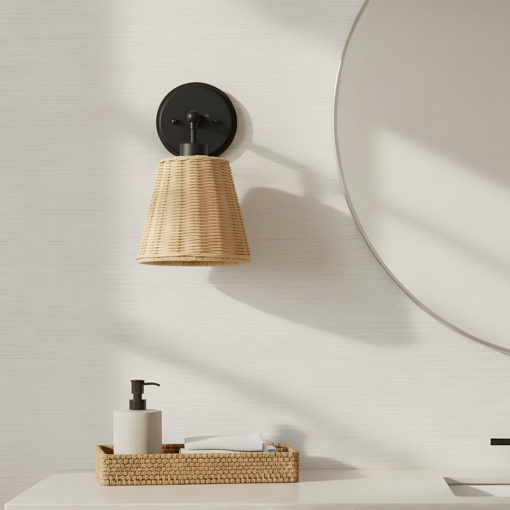 Rattan cone swing arm wall sconce close detail view 8