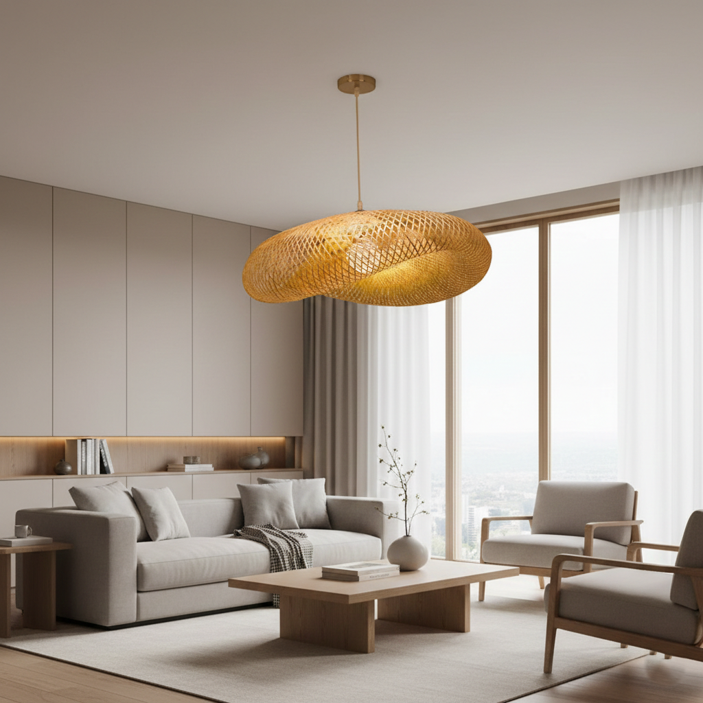 Rattan saucer pendant hung alone in a plain white room