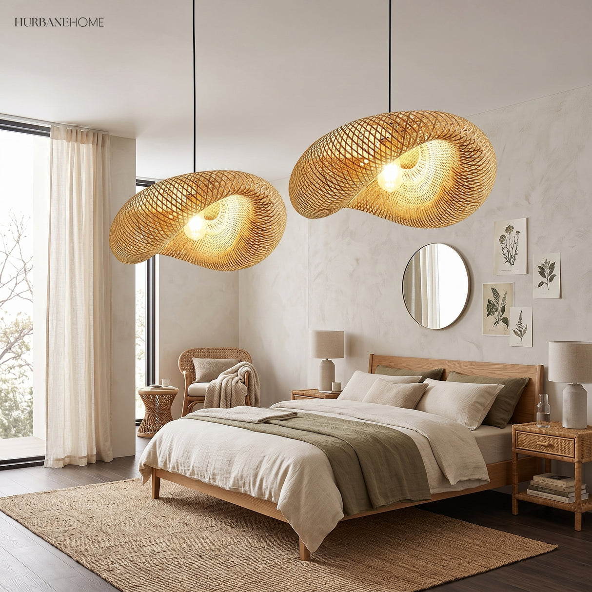 Two bamboo saucer pendants lit above a bed with linen bedding
