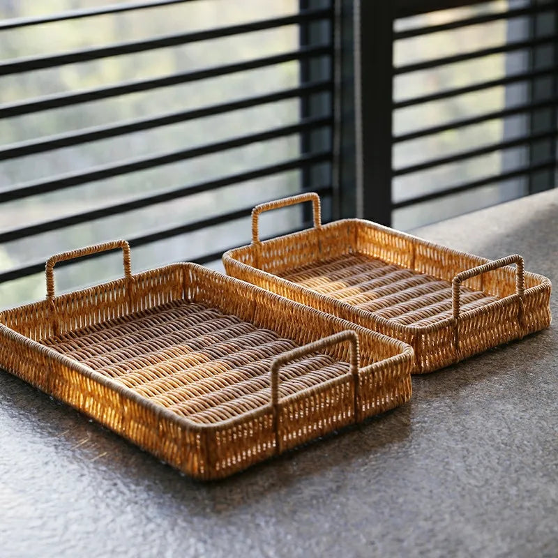 Imitation Rattan Plastic Serving Tray with Handle, Multipurpose Organizer