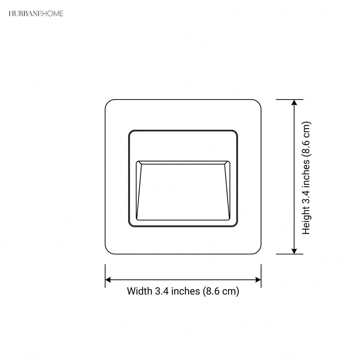 Dimension drawing of the square fitting at 3.4 inches wide and 3.4 inches high