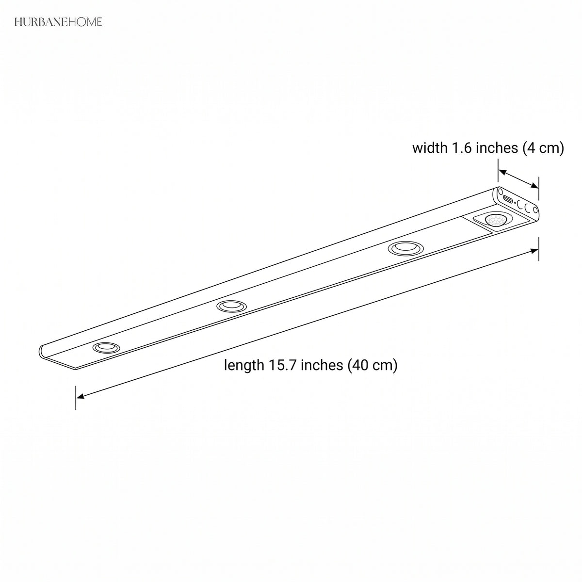 Dimension drawing showing 15.7 inch length and 1.6 inch width of the light bar