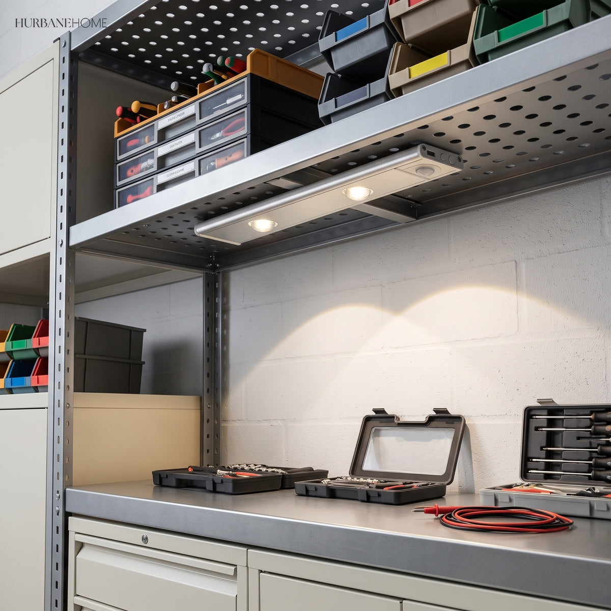 Bar mounted under a steel workshop shelf lighting tools and small parts trays