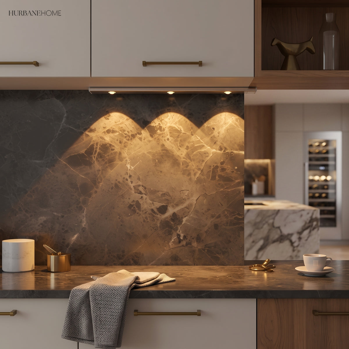 Under cabinet light grazing a dark marble splashback in a modern kitchen