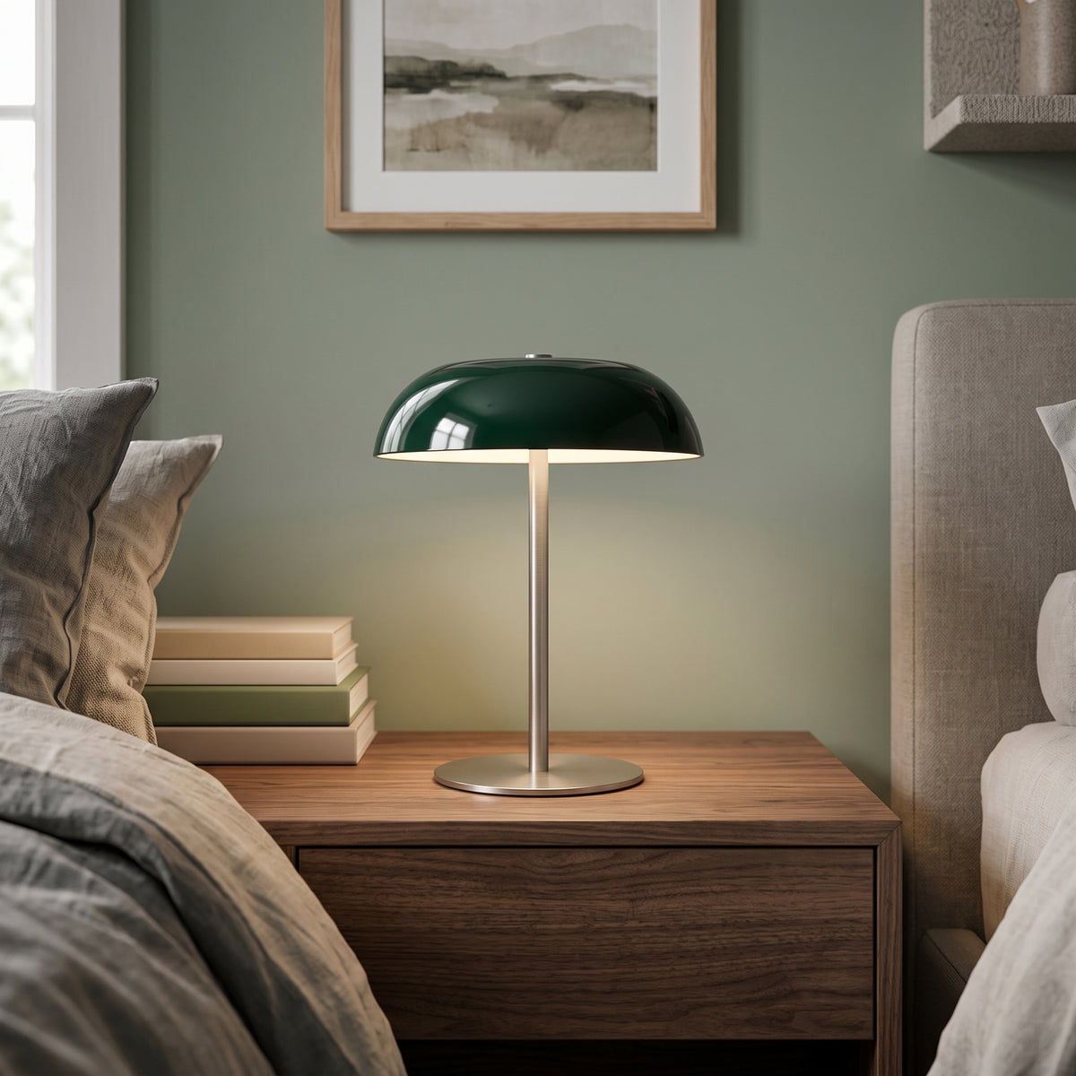 Green dome table lamp lit on a bedside table next to a bed