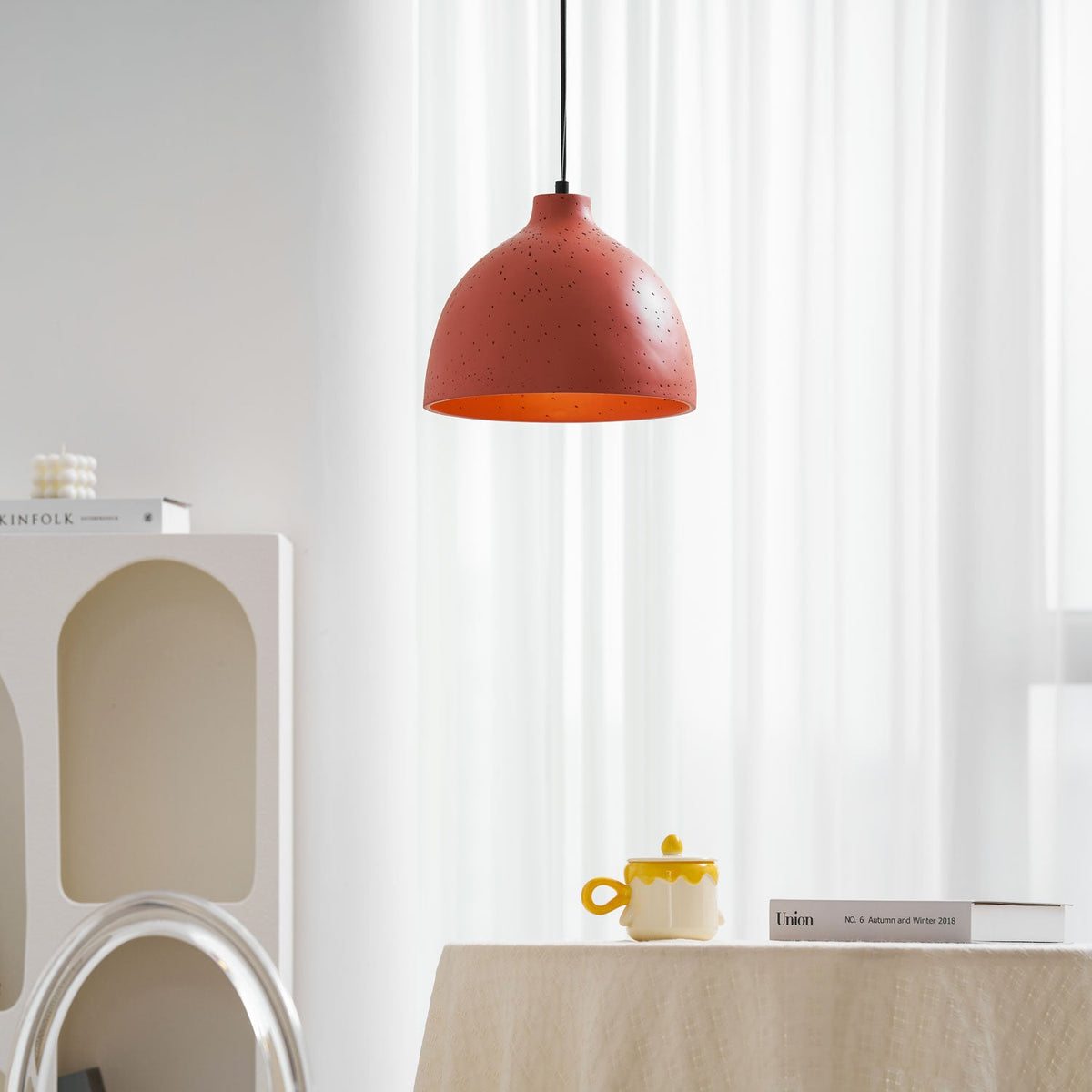 Terracotta resin dome pendant light with an iron ceiling fitting, view 63