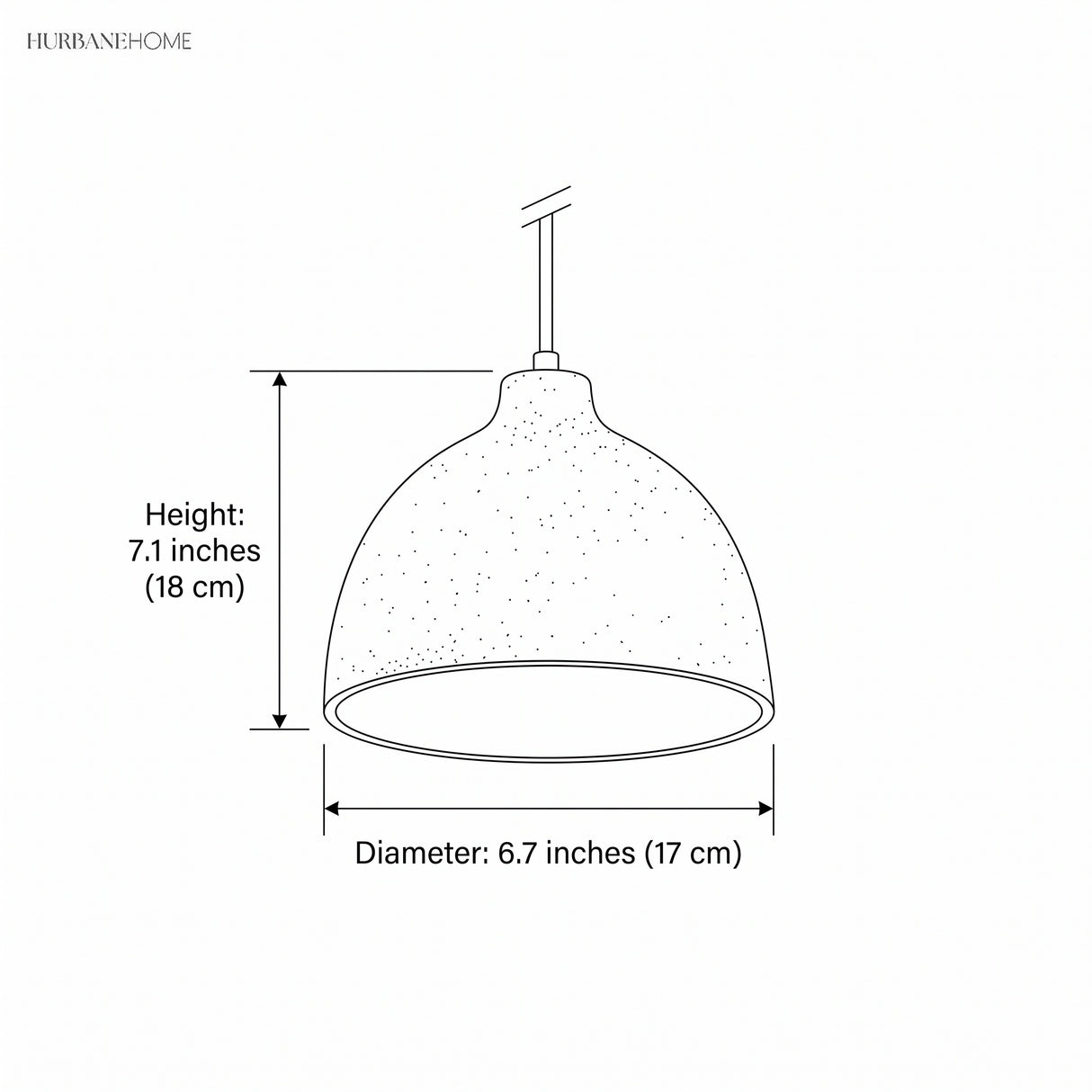 Line drawing of dome pendant, 7.1 inch height by 6.7 inch diameter
