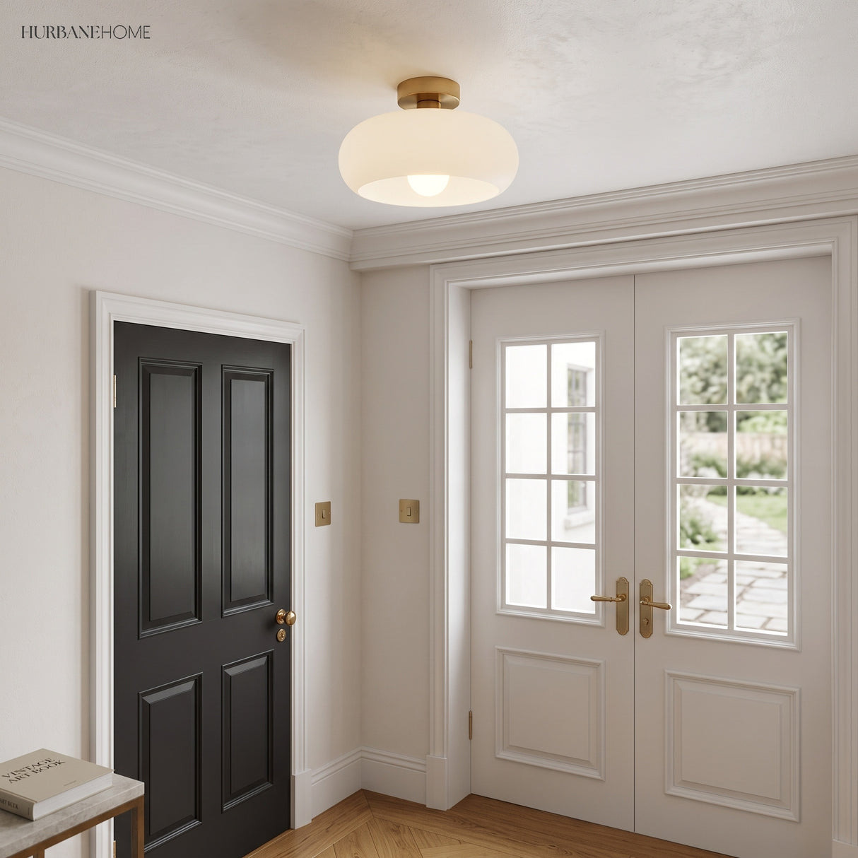 Amber glass semi flush mount light in a bright entryway with french doors