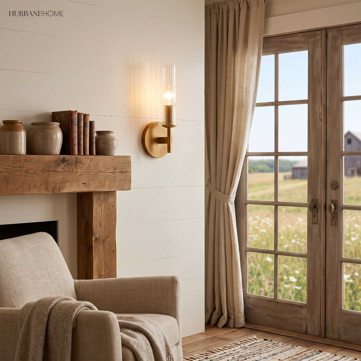 Ribbed glass tube sconce on white shiplap beside a rustic mantel