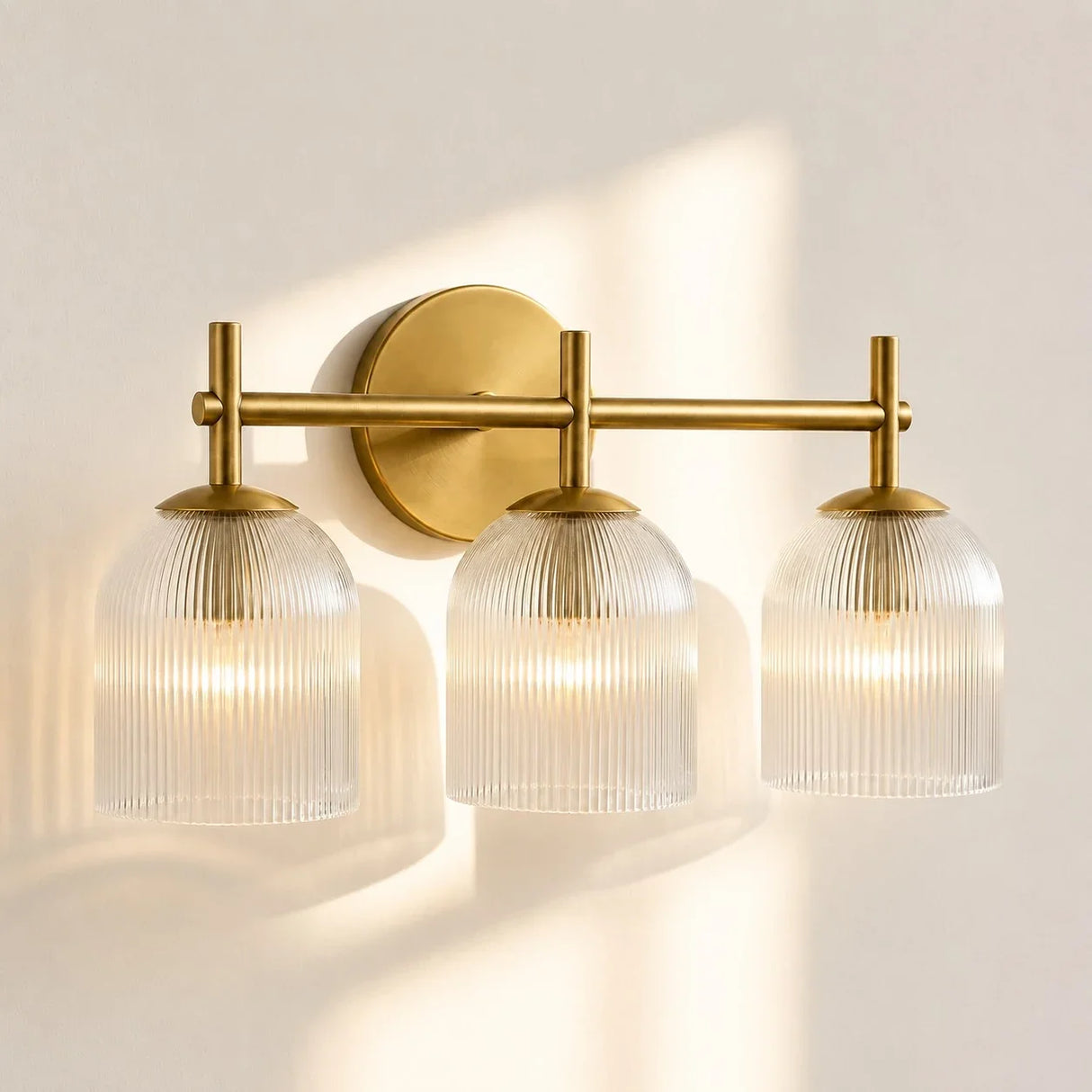 Ribbed glass bathroom vanity sconce detail view 1 showing finish and construction
