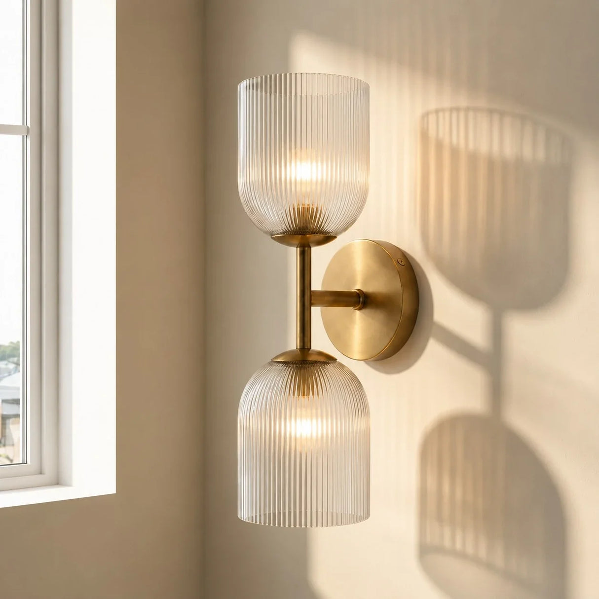 Ribbed glass bathroom vanity sconce detail view 3 showing finish and construction