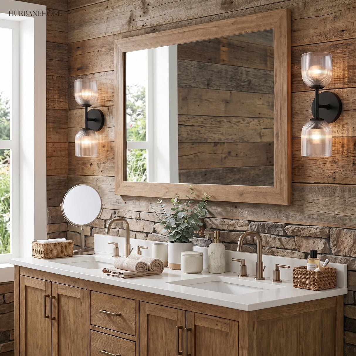 Ribbed glass vanity light above a mirror in an oak bathroom