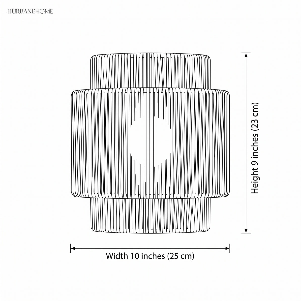 Dimension diagram: woven rope wall lamp, width 10 inches, height 9 inches