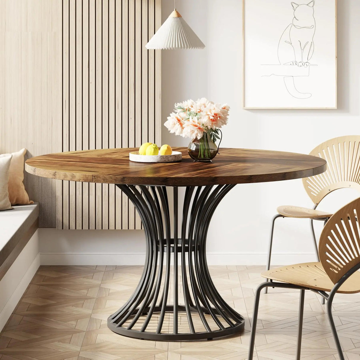 Round Dining Room Table for 6 – Farmhouse Wood Top with Metal Base - Hurbane Home