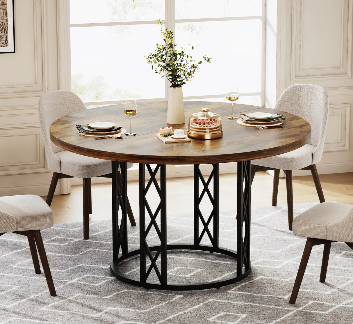 Round Dining Room Table for 6 – Farmhouse Wood Top with Metal Base - Hurbane Home