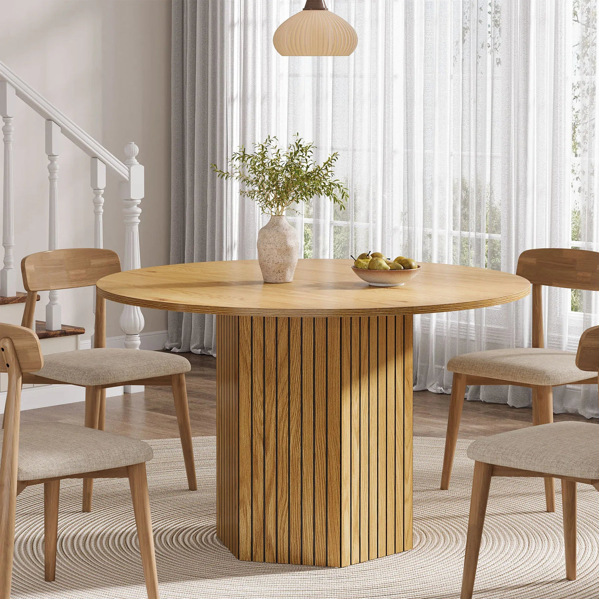 Round Dining Room Table for 6 – Farmhouse Wood Top with Metal Base - Hurbane Home