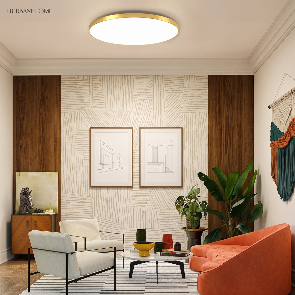 Round LED ceiling light above a living room with armchairs and plants