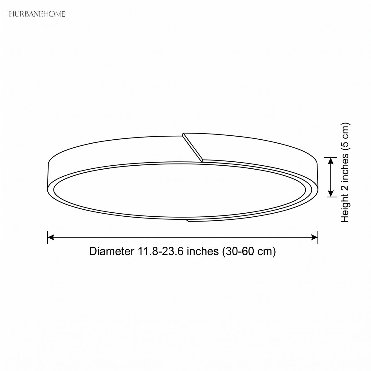 Dimension diagram for the round LED ceiling light with diameter and height marked