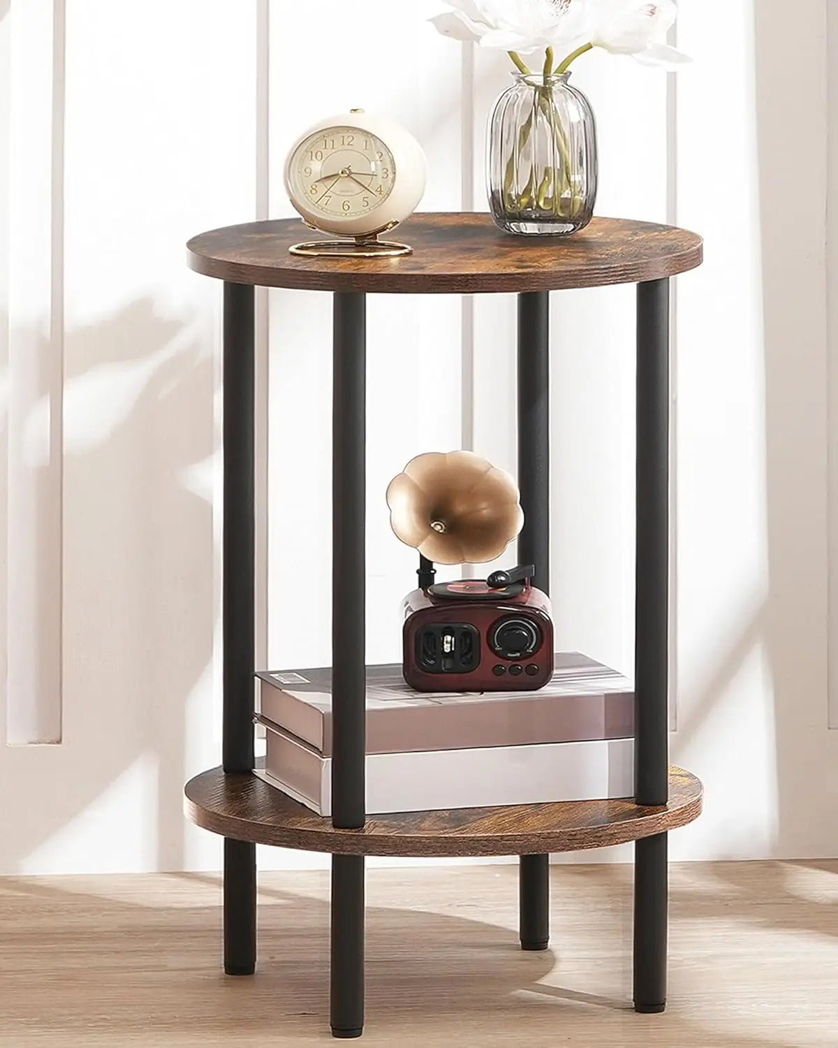 Rustic Round Side Table - Two Tier Metal Frame Accent Table - Rustic End Table - Hurbane Home