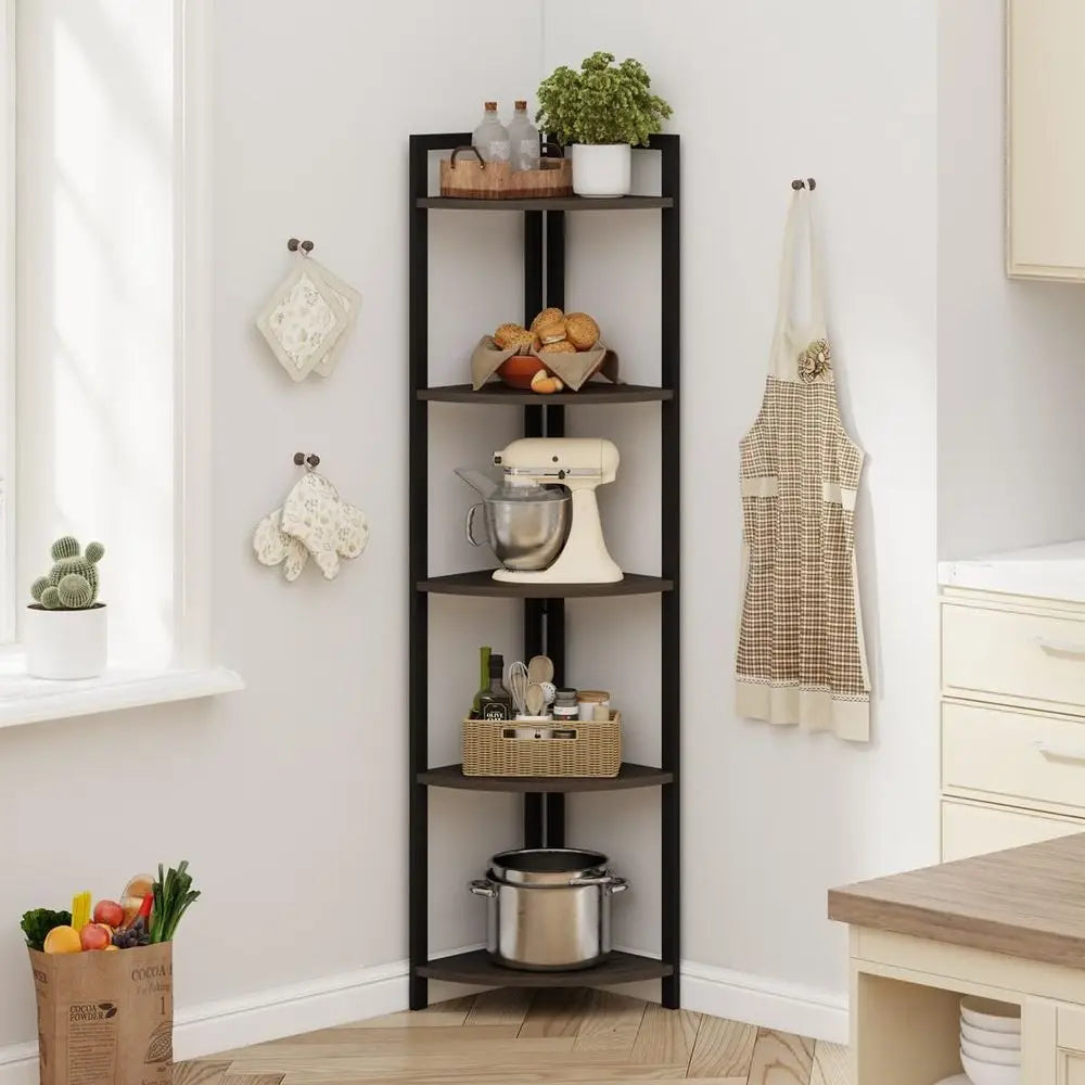 Rustic wood corner shelf with metal frame