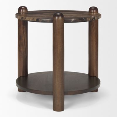 Sculptural marble top bedside table with rounded wood pillars