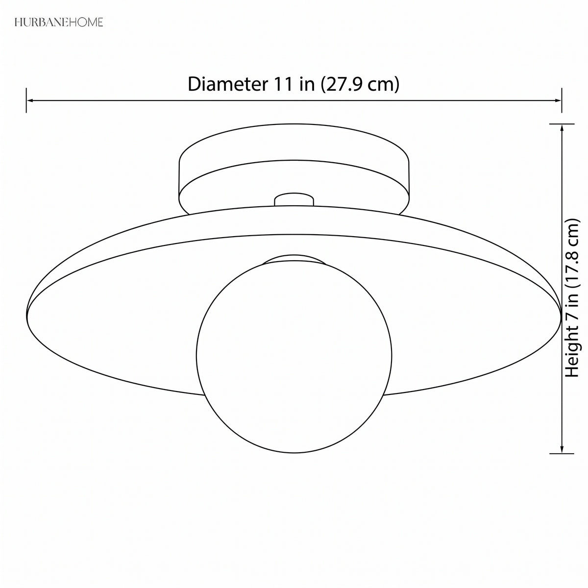 Line drawing of the light with diameter 11 in and height 7 in