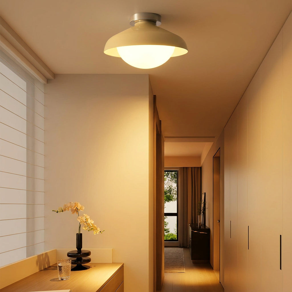 Beige dome ceiling light in a white hallway above an orchid and cabinets