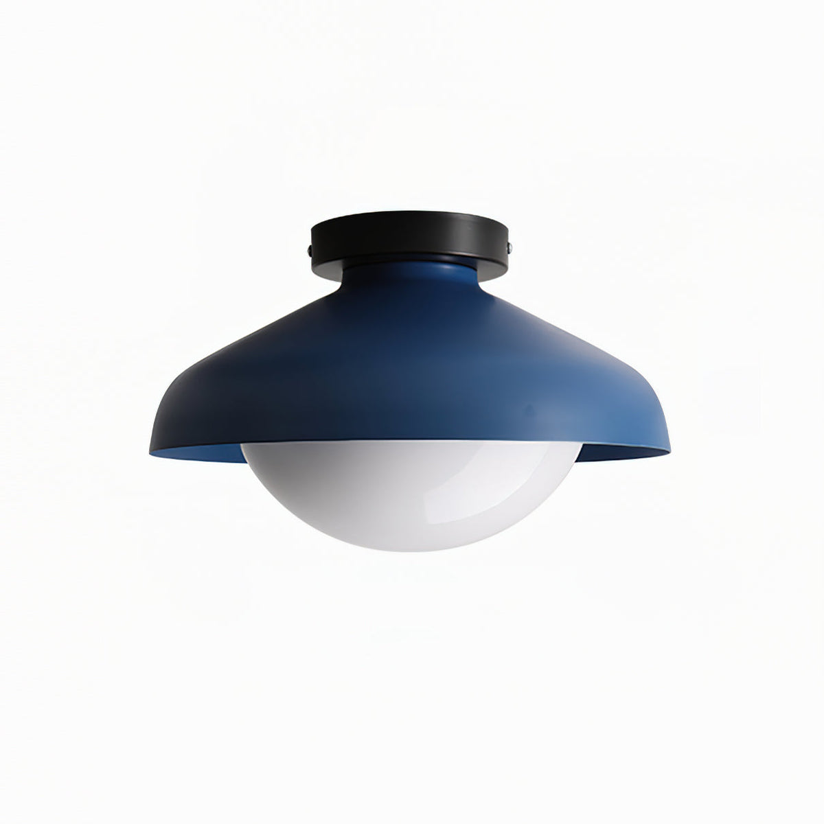 Blue dome ceiling light with a black ceiling canopy, angled studio view