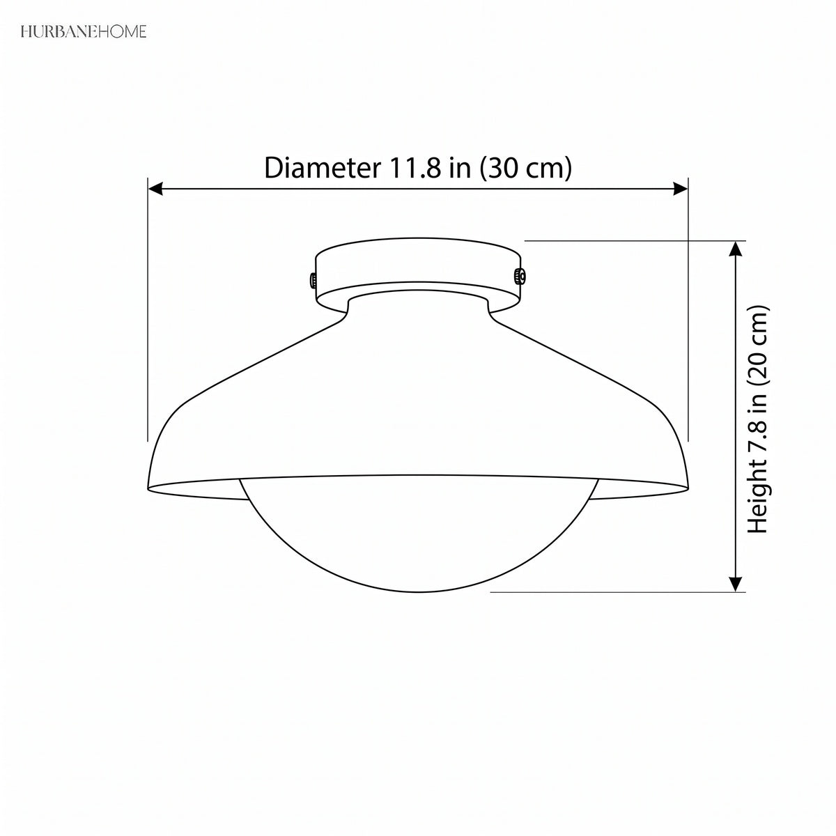 Dimension drawing of the dome ceiling light, 11.8 inches wide and 7.8 inches high