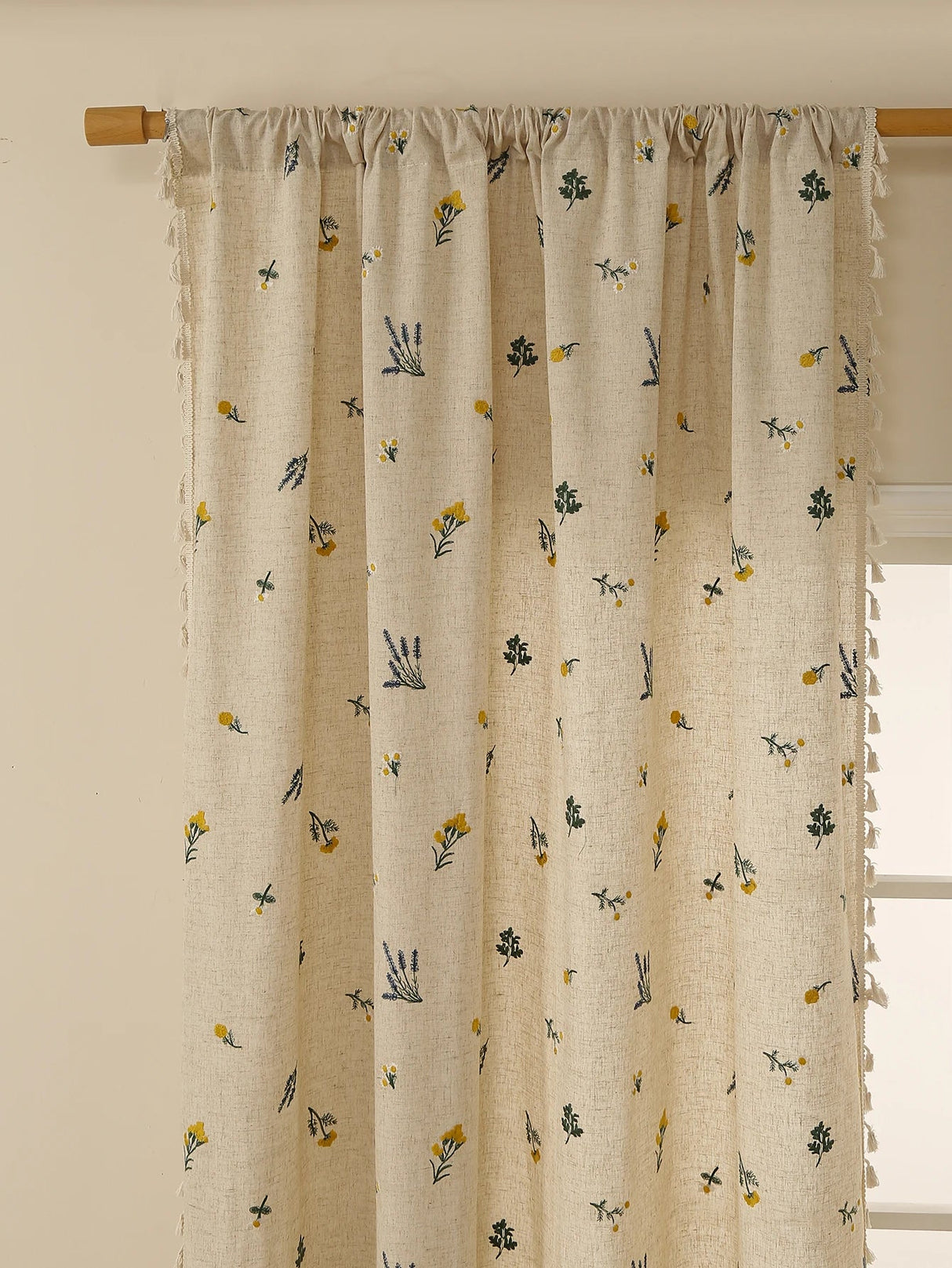 Sheer Linen Curtain – Beige Embroidered Fringe Rustic Window Panel - Hurbane Home