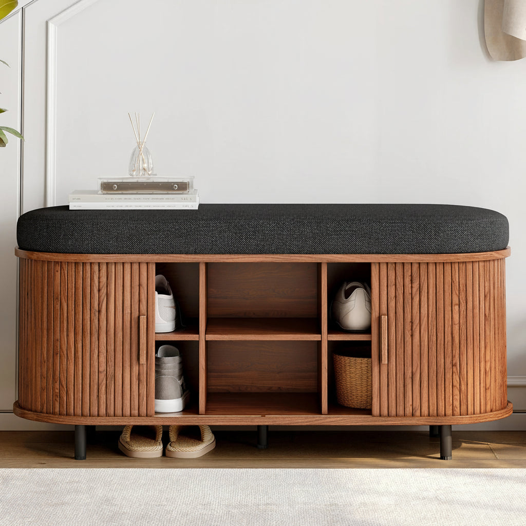 dark wood cushioned shoe bench