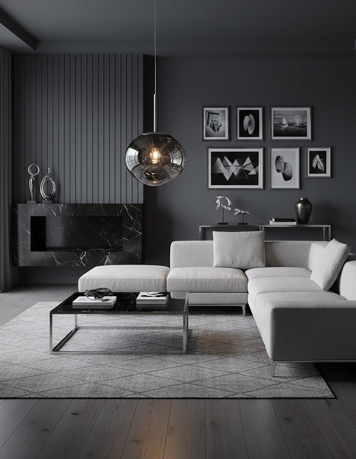 Silver molten pendant in a dark grey living room above a low marble table