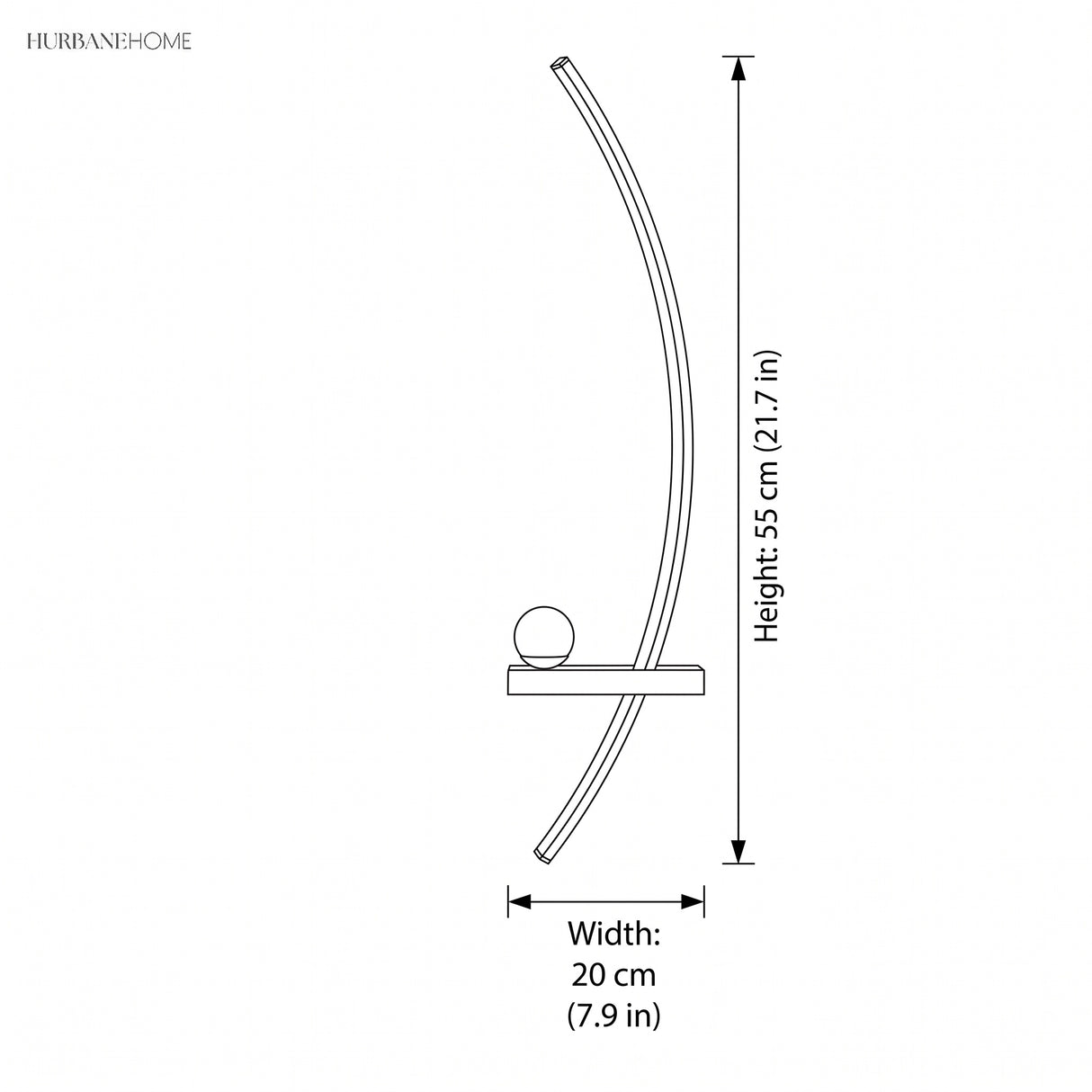 Dimension drawing of the arc wall light, 21.7 inch height x 7.9 inch width