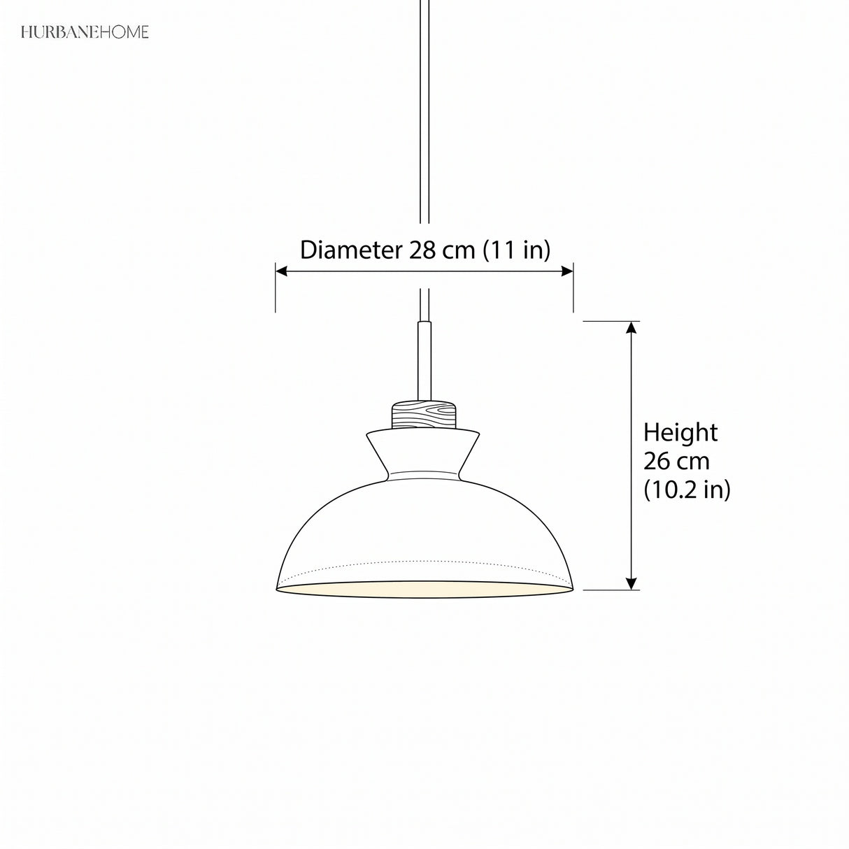 Line drawing of the dome shade showing 11 inch diameter and 10.2 inch height