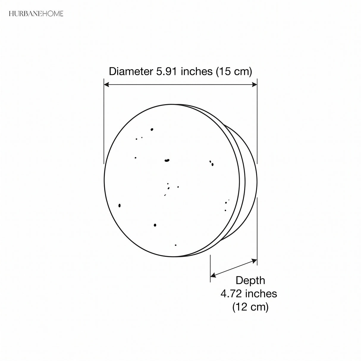 Dimension illustration of round travertine wall sconce, 5.91 in / 15 cm diameter