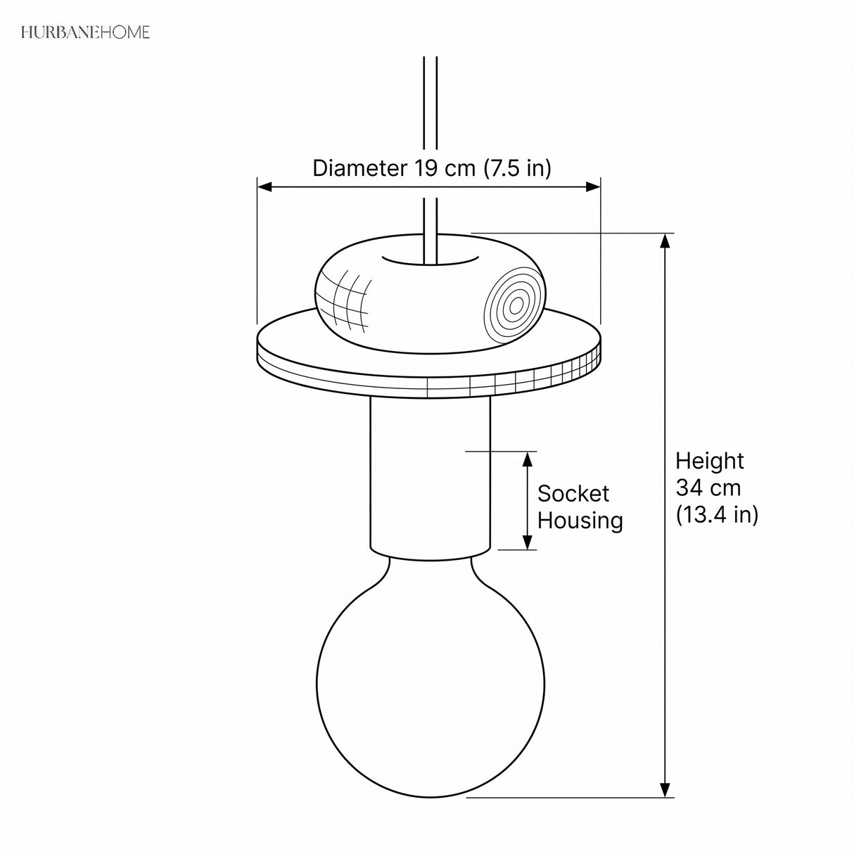 Dimension diagram of the wood pendant light showing 7.5 inch diameter and 13.4 inch height