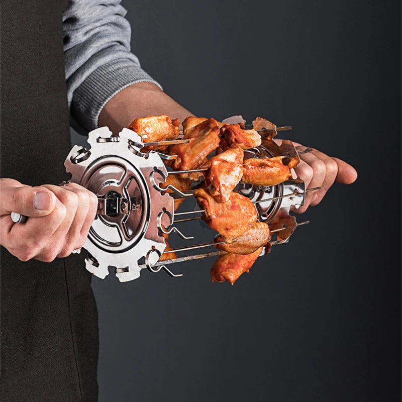 Skewer grill cage holding multiple kebabs during oven cooking