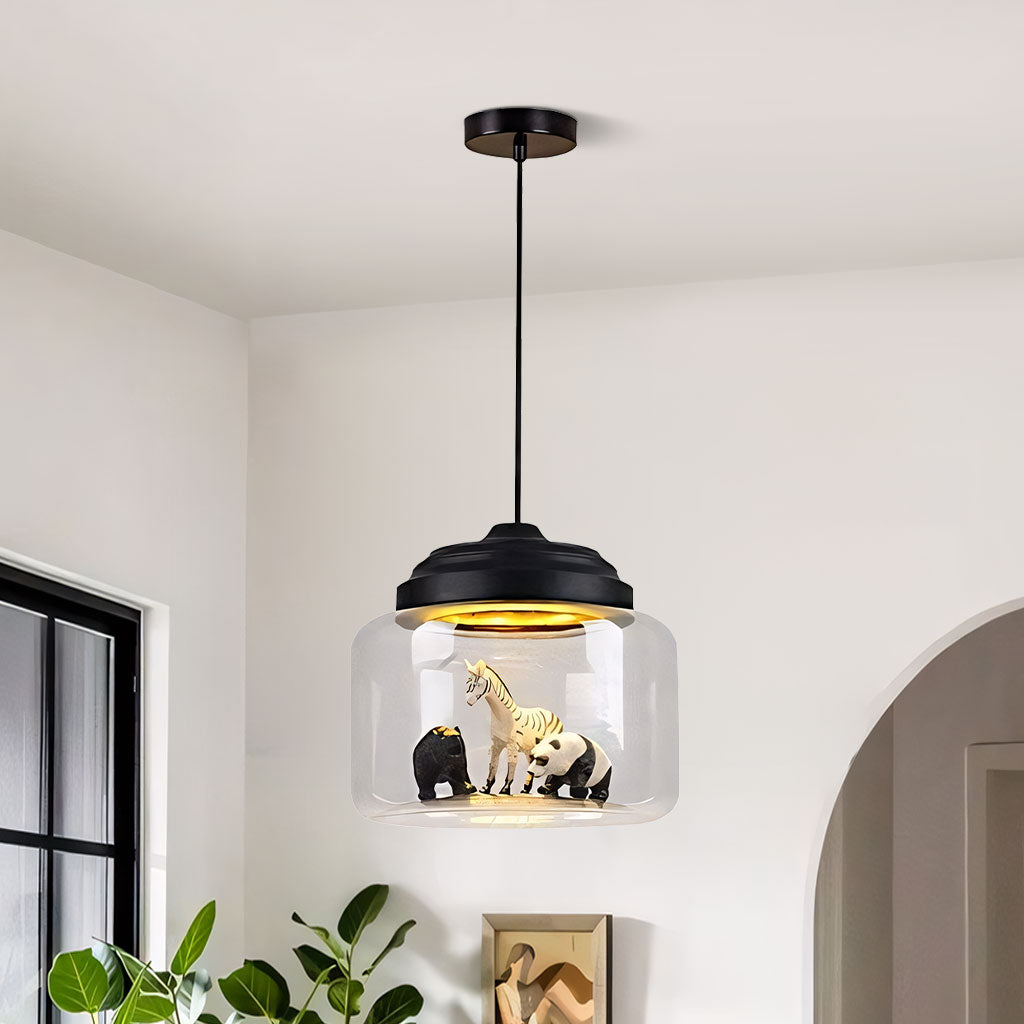 Ceiling-mounted glass drum pendant, zebra, bear and panda figures under a black cap, living room