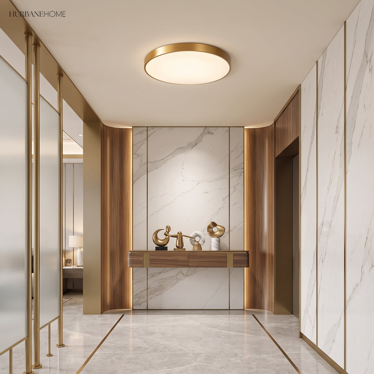 Gold flush mount ceiling light in a marble and brass entryway