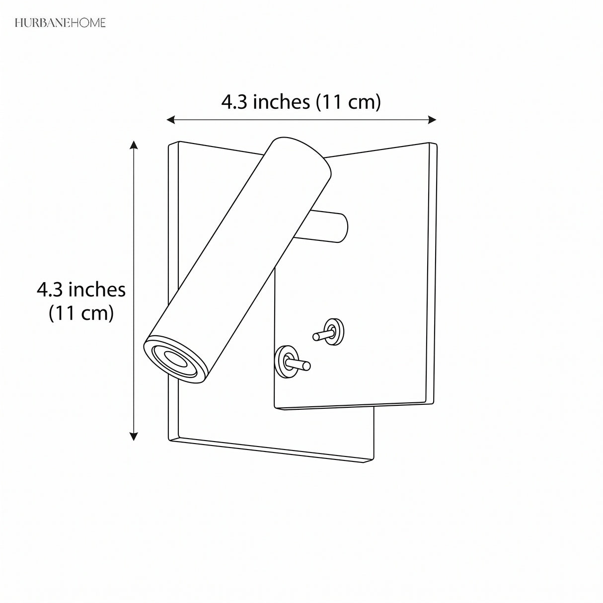 Line drawing of square wall sconce, 4.3 inch width by 4.3 inch height